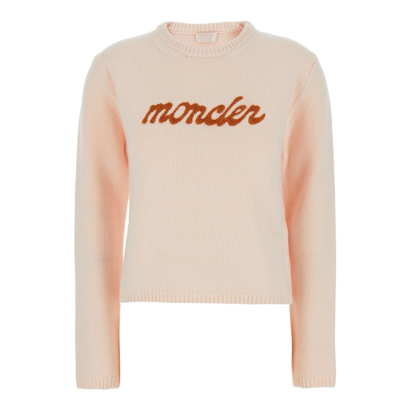Pink Knit Crewneck Sweater with Logo Lettering Embroidery on the Front in Wool and Cashmere Woman