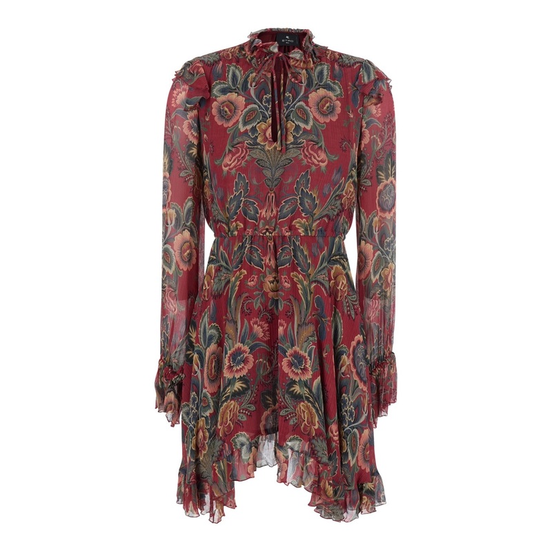 Red Ruched Mini Dress with All-Over Floral Print in Viscose Blend Woman