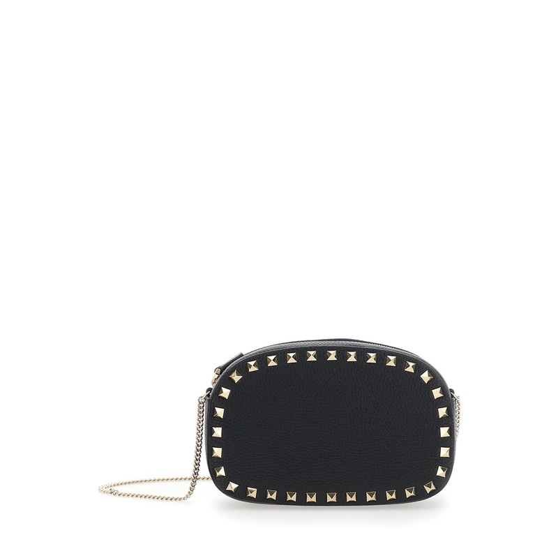 ‘Rockstud’ Black Mini Bag with Chain-Link Shoulder Strap and Rockstud Embellishments in Grained Leather Woman