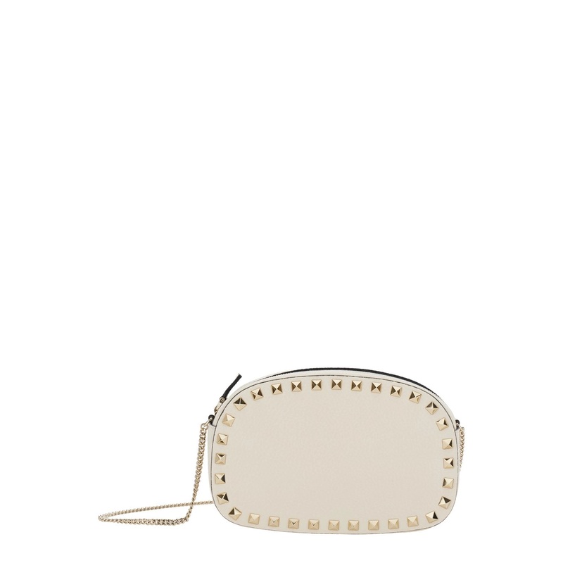 ‘Rockstud’ White Mini Bag with Chain-Link Shoulder Strap and Rockstud Embellishments in Grained Leather Woman