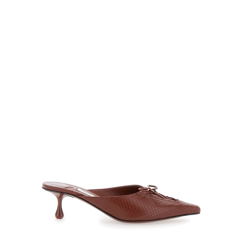 ‘Scarlett’ Brown Mules wirh Sculpted Heel and Snakeskin Effect in Leather Woman