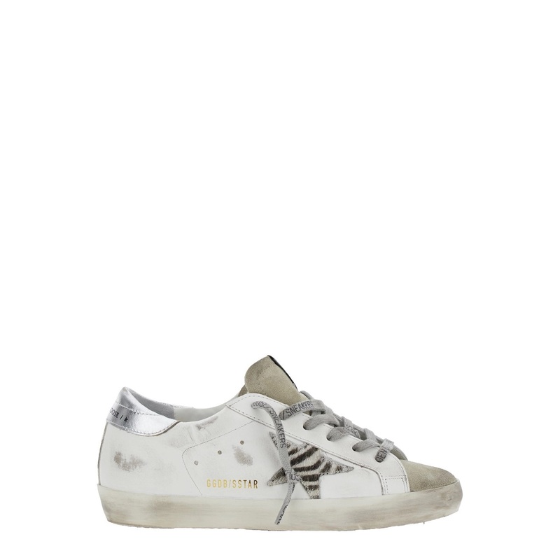 ‘Superstar’ White Low Top Sneakers with Glittered Star Patch and Laminated Heel with Logo Lettering in Leather Woman