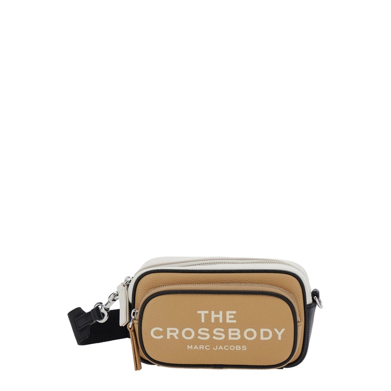 ‘The Crossbody’ Beige Crossbody Bag with Adjustable and Removable Shoulder Strap and Logo Lettering on the Front in Grained Leather Woman