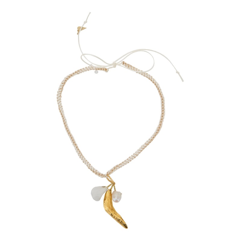 White Cord Necklace with Leaf Pendant in Brass Blend Woman