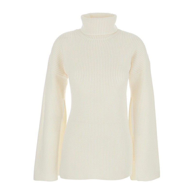 White High Neck Jumper with Ribbed Design in Wool Woman