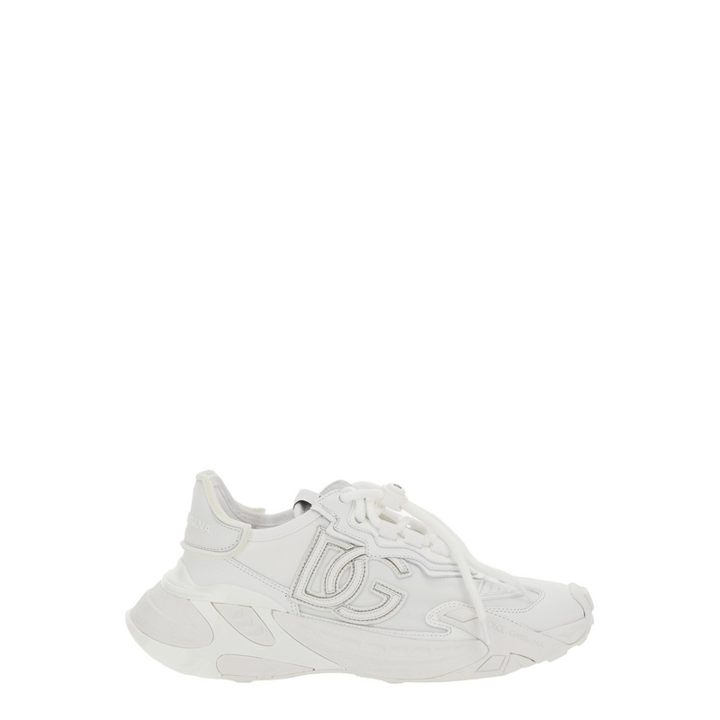 White Low Top Sneakers with Logo Lettering on Tongue and Heel in Tech Fabric Woman