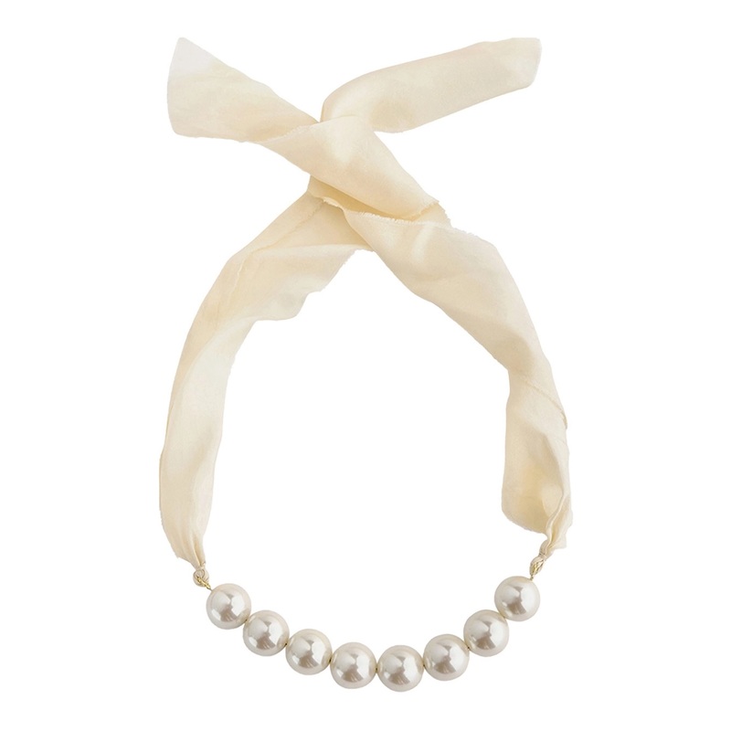 White Necklace with Ribbon Closure and Faux-Peal Embellishments in Fabric Woman