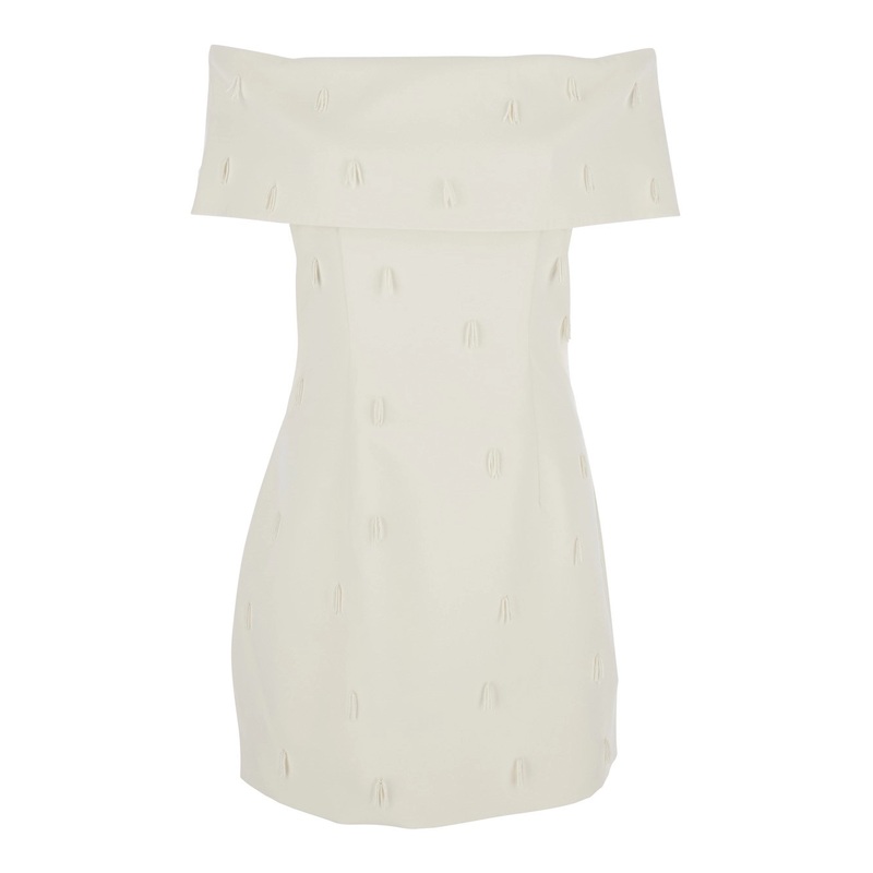 White Off-Shoulder Dress with Beaded Embellishments in Tech Fabric Woman