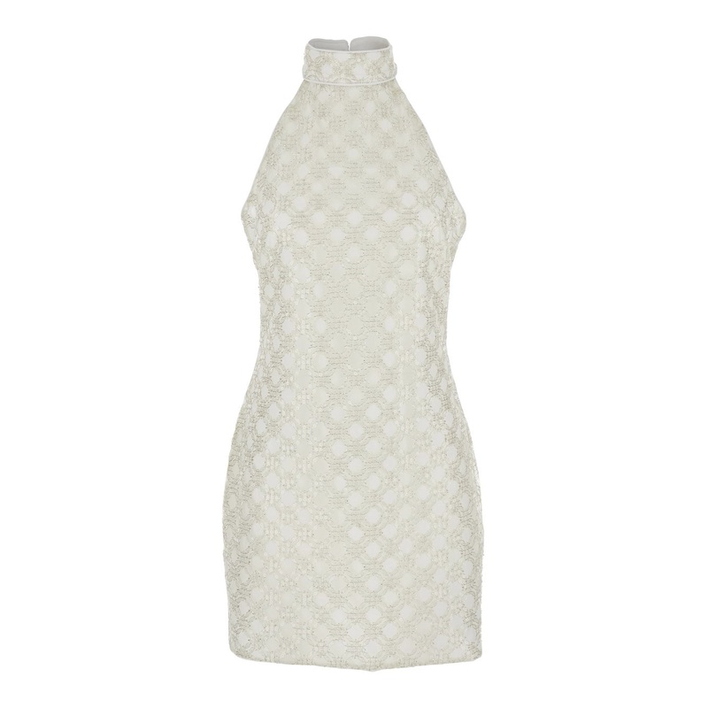 White Sequinned Sleeveless Halterneck Dress in Tech Fabric Woman