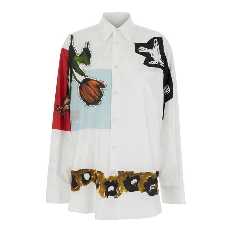 White Shirt with Classic Collar and Graphic Print on the Front in Cotton Woman