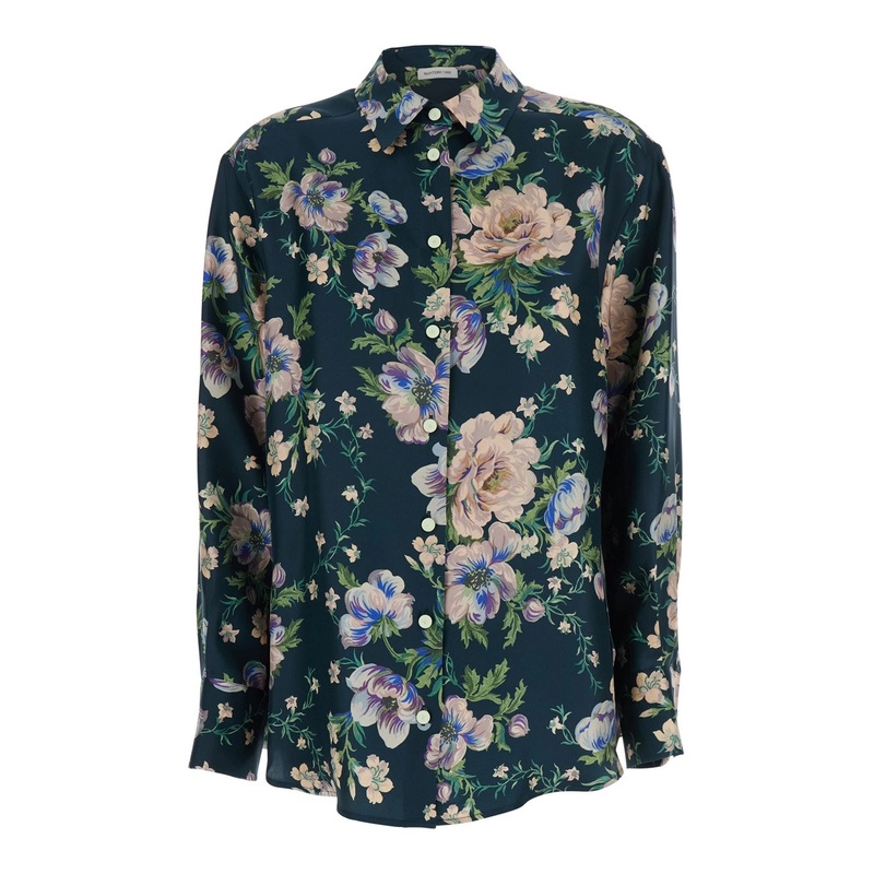 ‘Ava’ Multicolor Shirt with Classic Collar and All-Over Floral Print in Silk Woman