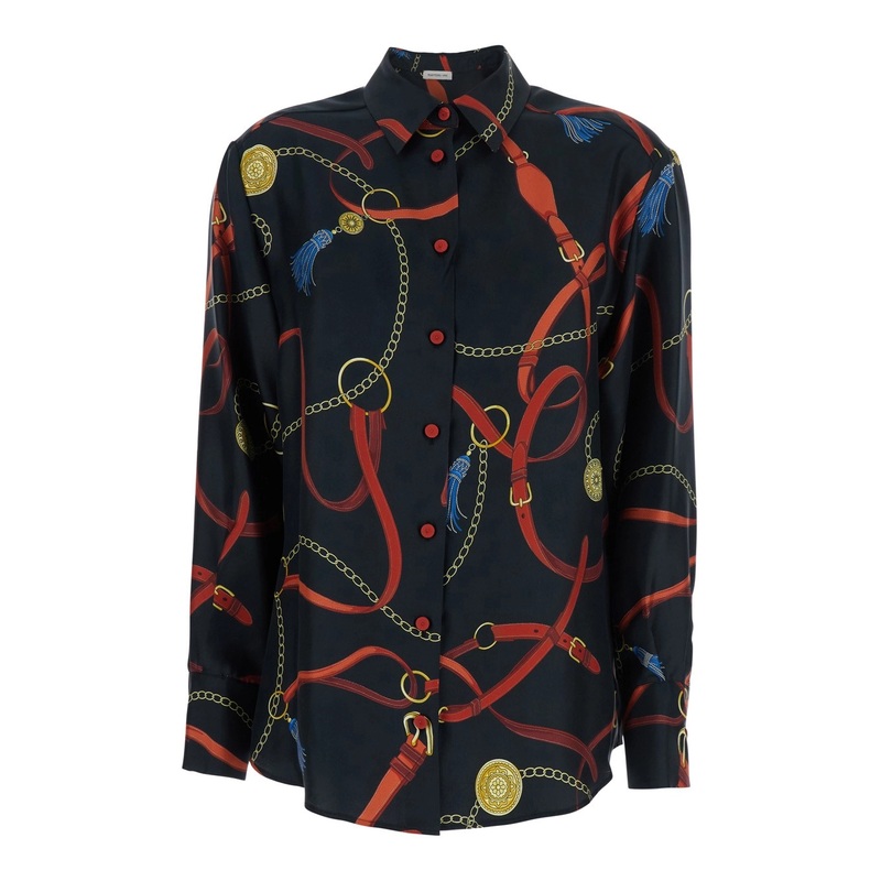 ‘Ava’ Multicolor Shirt With Classic Collar And All-Over Pattern With Tassels in Silk Woman