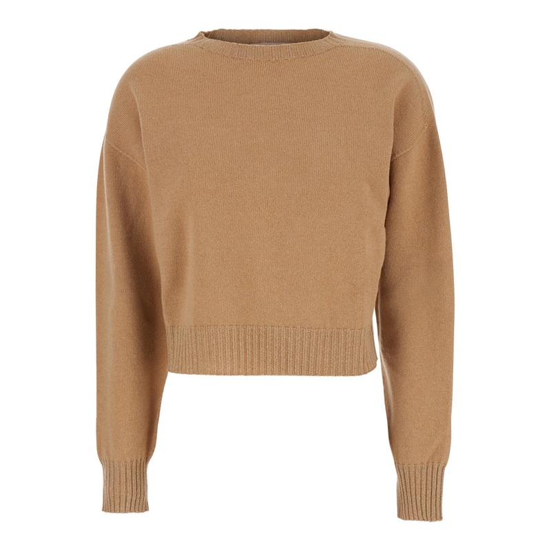 Beige Crew Neck Sweater with Dropped Shoulder and Ribbed Details in Wool Woman