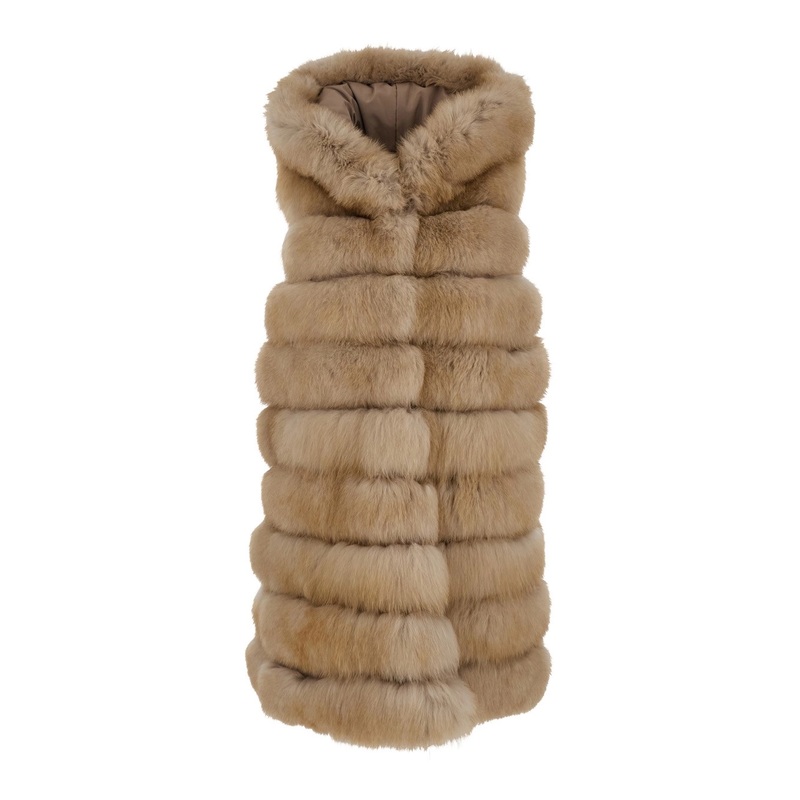 Beige Sleeveless Fur Coat with Hood in Fur Woman
