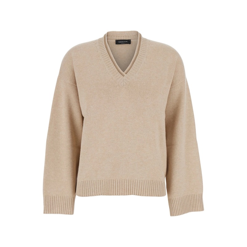 Beige V-Neck Sweater in Wool and Silk Blend Woman