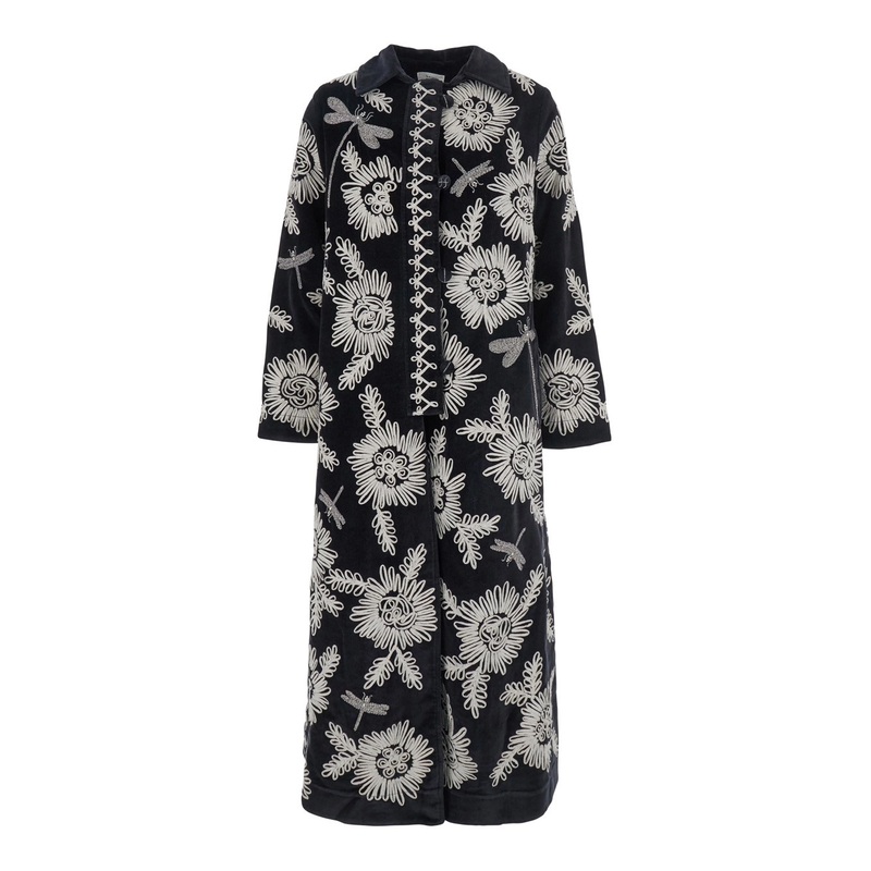 Black and White Coat with All-Over Embroidery in Cotton Woman