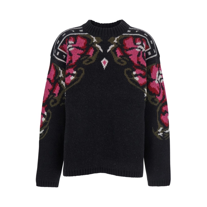 Black Crew Neck Sweater with Floral Motif in Wool Woman