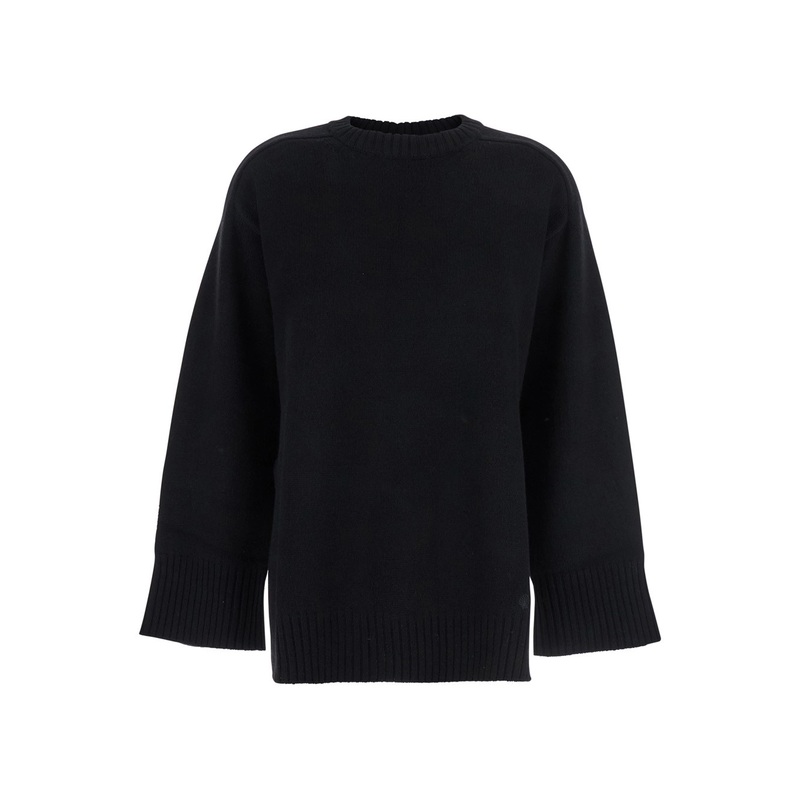Black Crew Neck Sweater with Knitted Design in Wool Woman