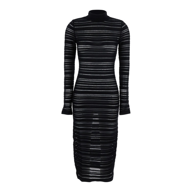 Black High Neck Dress with Striped Design in Stretch Fabric Woman