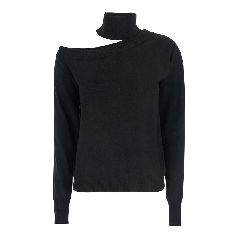 Black High Neck Sweater with Cut-Out Detail in Wool Blend Woman
