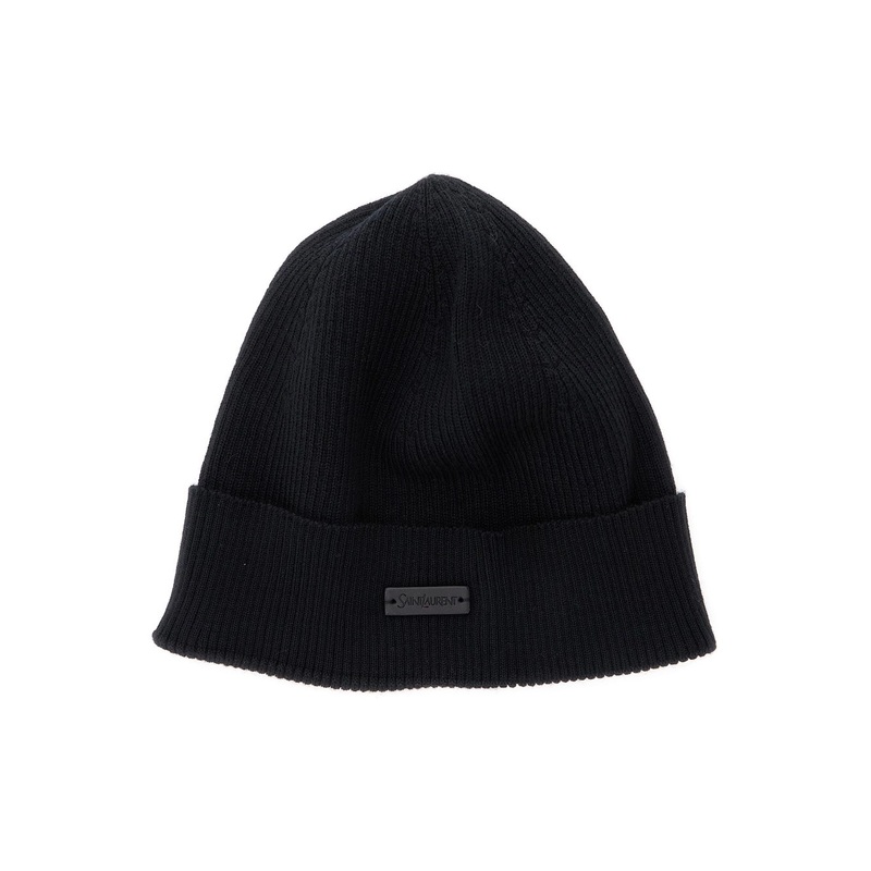 Black Knit Beanie with Logo Patch on the Front in Wool Woman