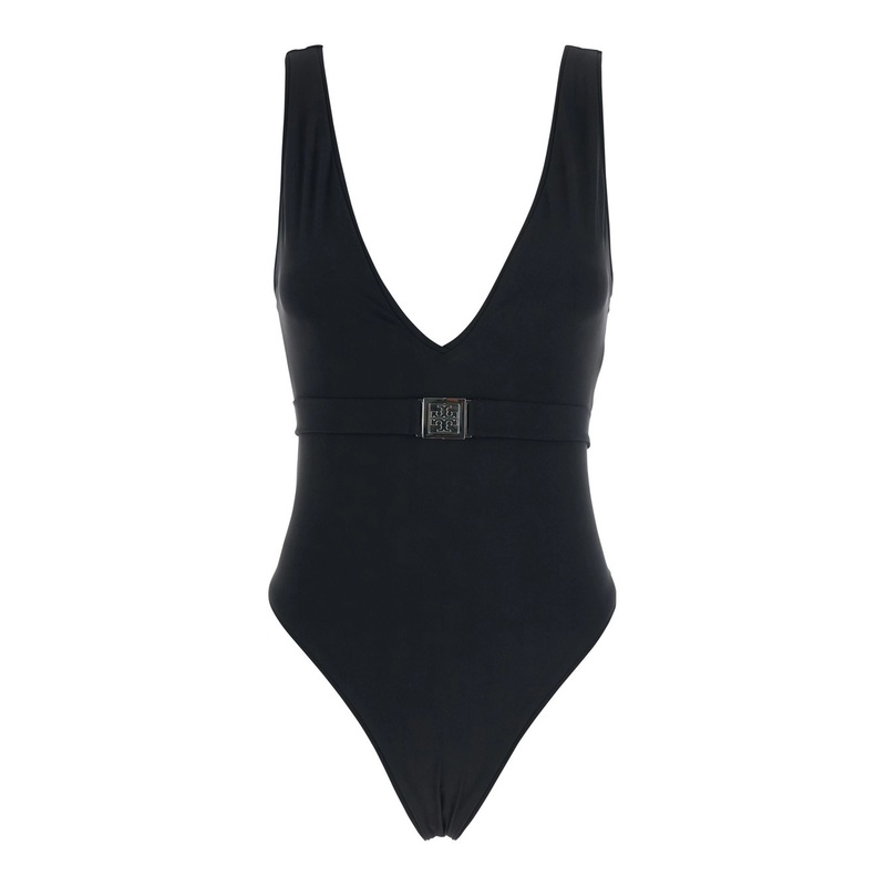 Black One-piece Swimsuit with V-neck and Belt with Plate in Tech Fabric Woman