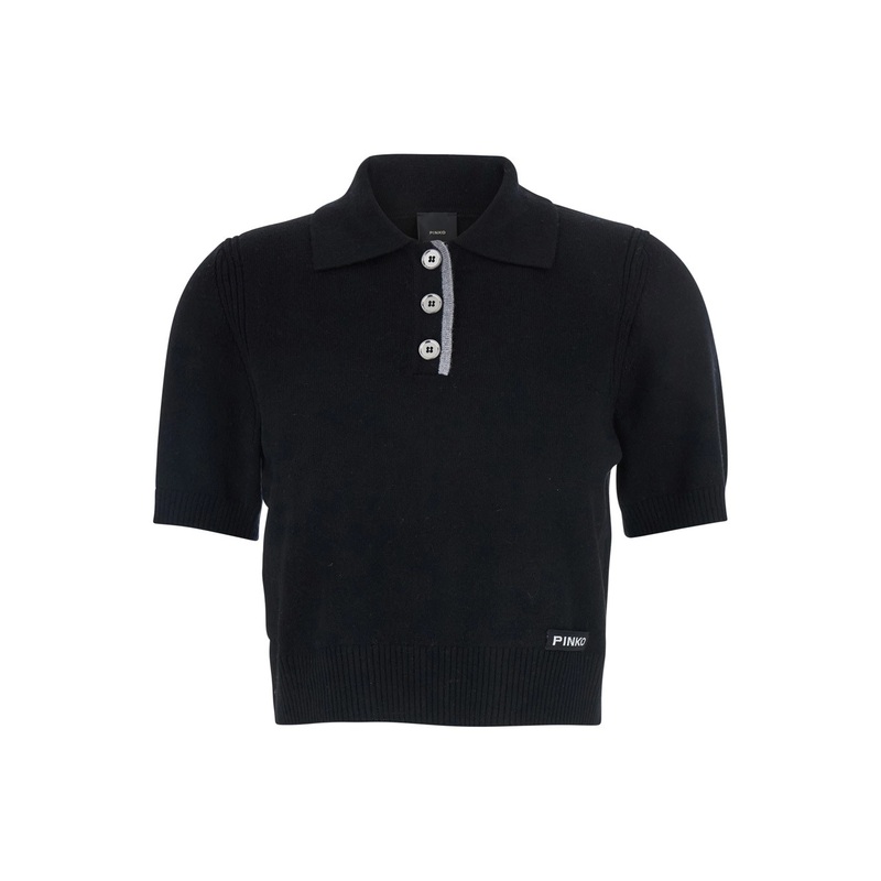 Black Polo Shirt with Logo Patch on the Front and Ribbed Details in Wool Woman