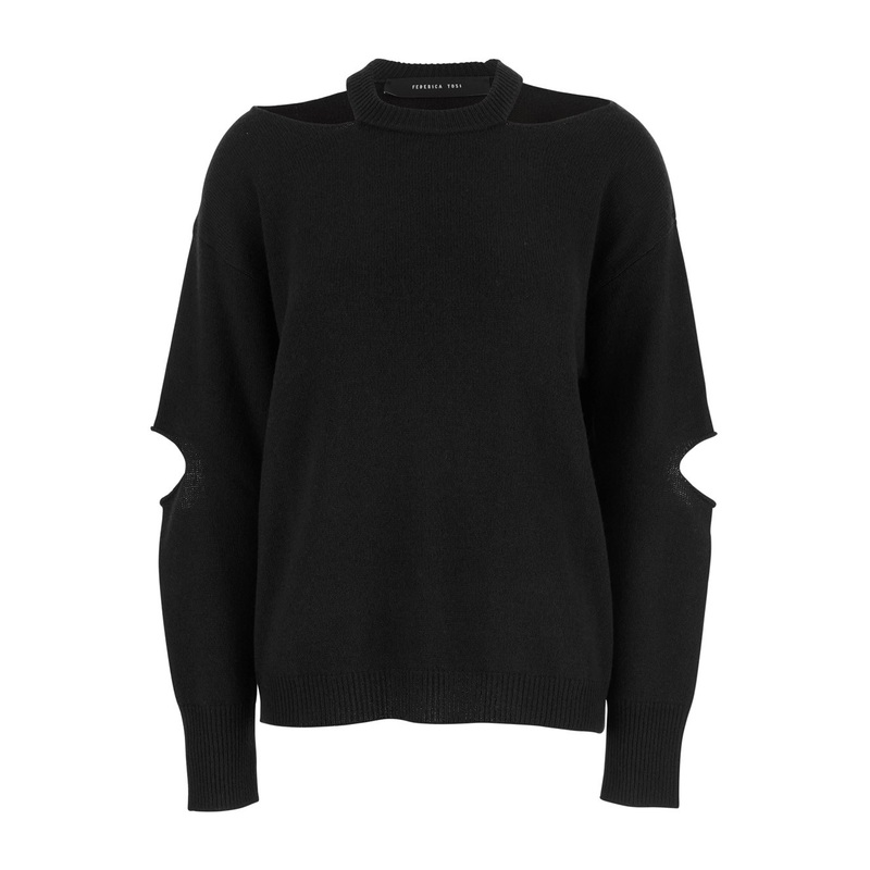 Black Ribbed Sweater with Cut-Out Detail in Wool Blend Woman
