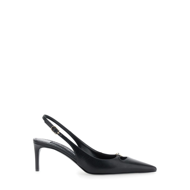 Black Slingback Pumps with Logo Plaque on the Front in Patent Leather Woman