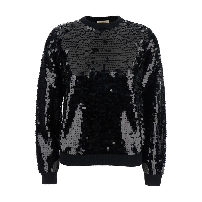 Black Sweater with All-Over Sequins in Wool Woman