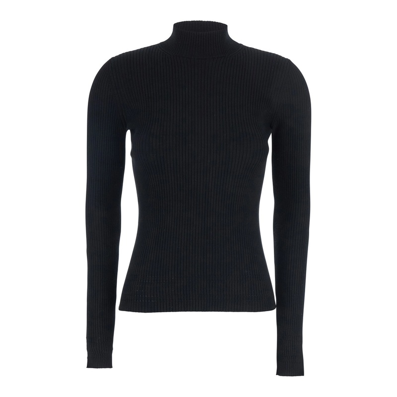 Black Turtleneck Sweater with Ribbed Design in Fabric Woman