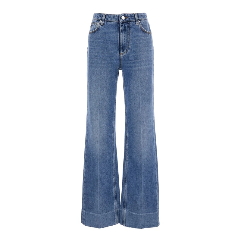 Blue Jeans with Wide Leg and Logo Patch on the Rear in Denim Woman