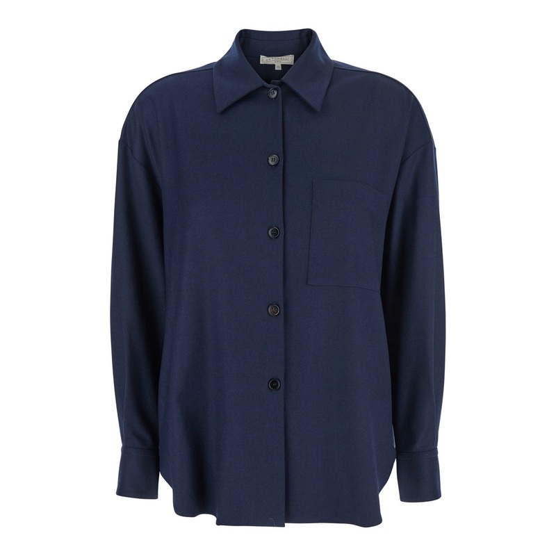 Blue Shirt with Classic Collar and Dropped Shoulders in Wool Blend Woman