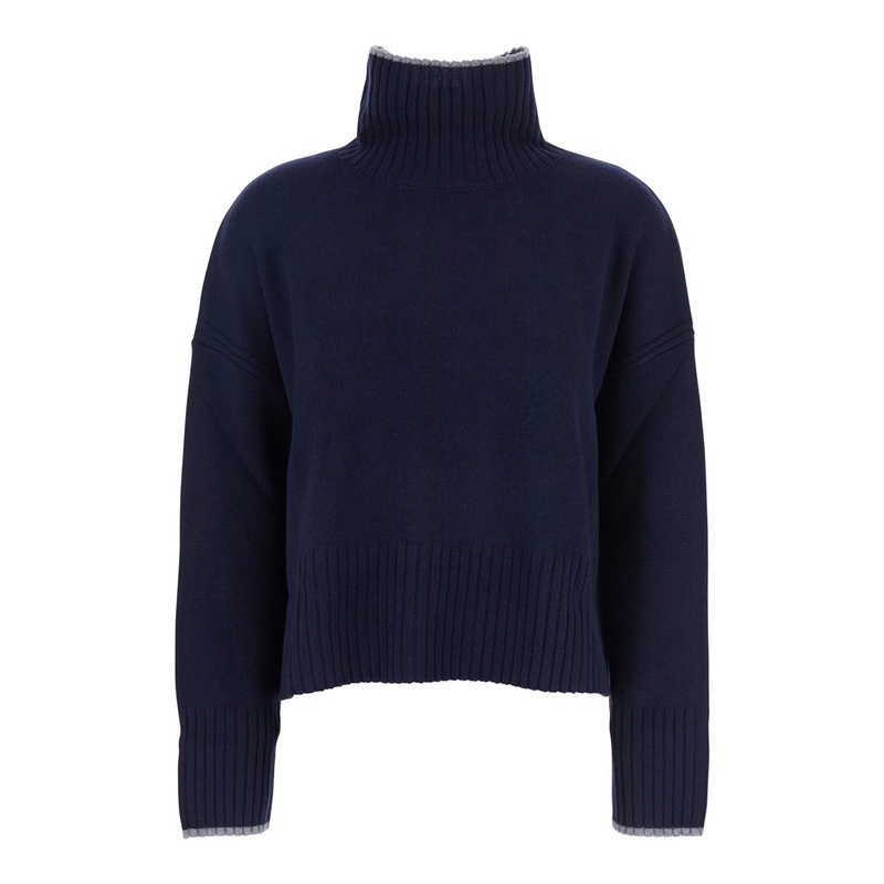 Blue Turtleneck Sweater with Back Logo in Wool Woman
