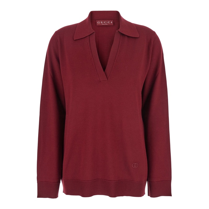 Bordeaux Polo Collar Sweater with GG Logo on the Front in Wool Woman