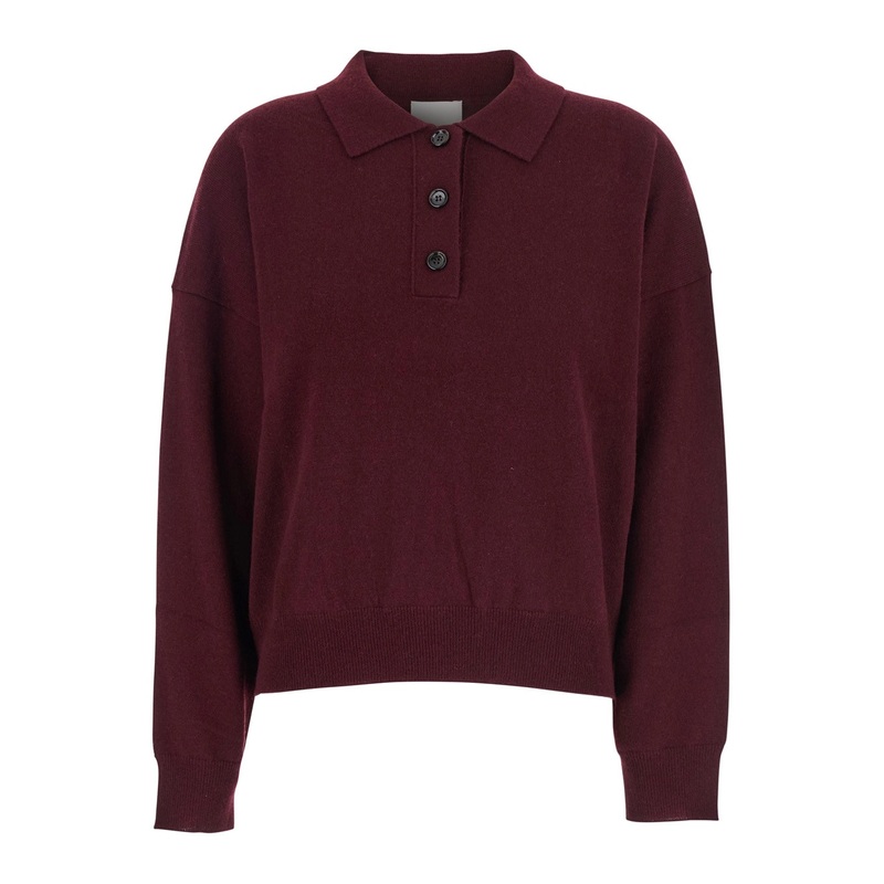 Bordeaux Polo Shirt with Classic Collar and Ribbed Trims in Wool Woman