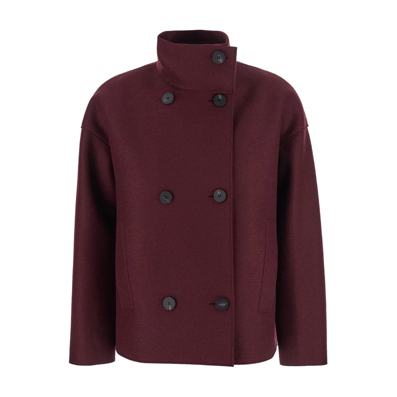 Bordeaux Short Coat with High Neck and Dropped Shoulders in Wool Woman