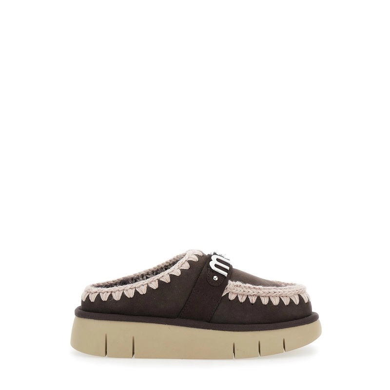 ‘Bounce’ Brown Mules with Logo Lettering and Open Rear in Leather Woman
