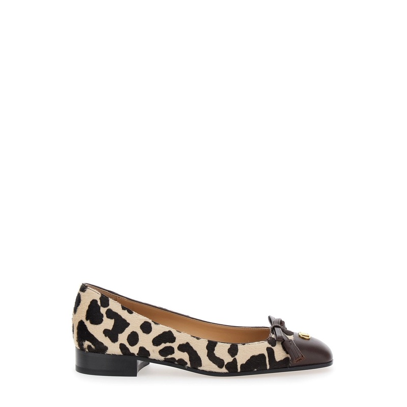 Brown Ballerinas with Vlogo Plaque on Front and Animalier Motif in Leather Woman