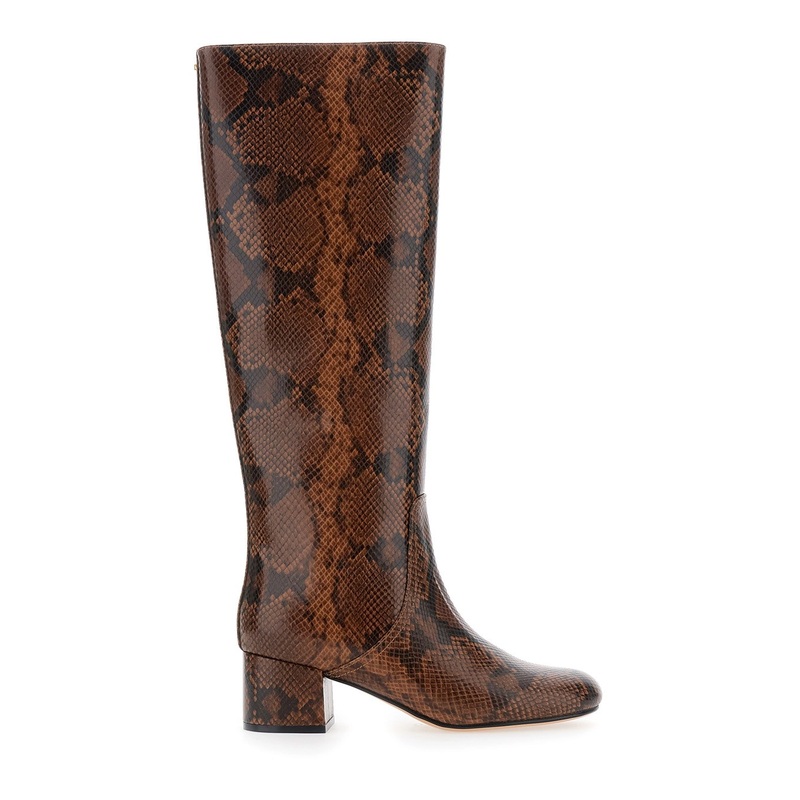 Brown Knee Boots with Python Effect in Leather Woman