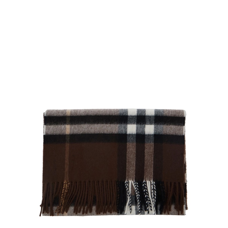 Brown Rectangular Scarf with Fringed Hem and All-Over Check Motif in Cashmere Woman