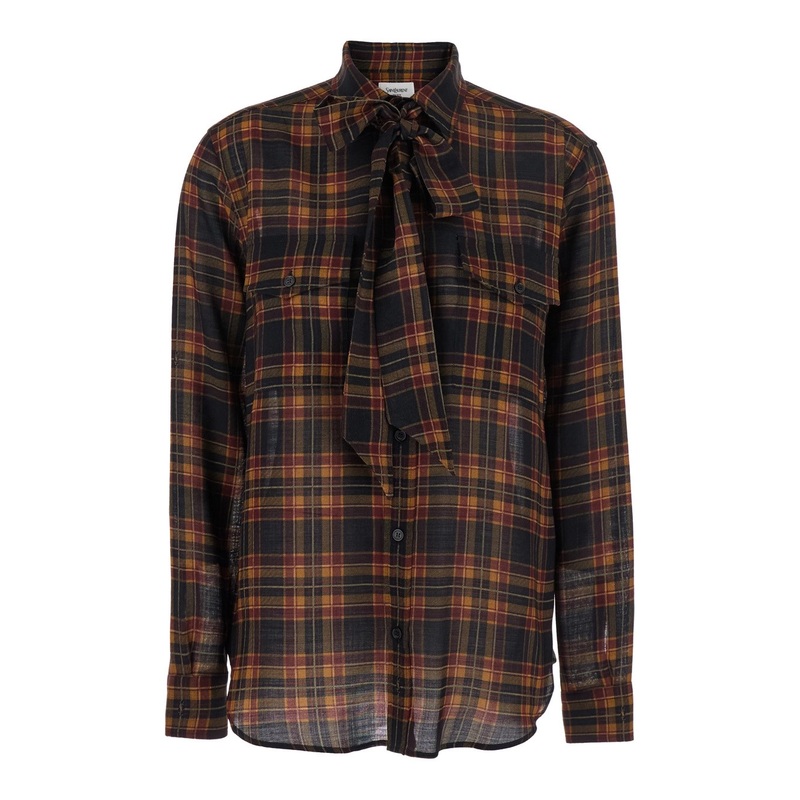 Brown Shirt with Pussybow Collar and All-Over Check Motif in Wool Woman