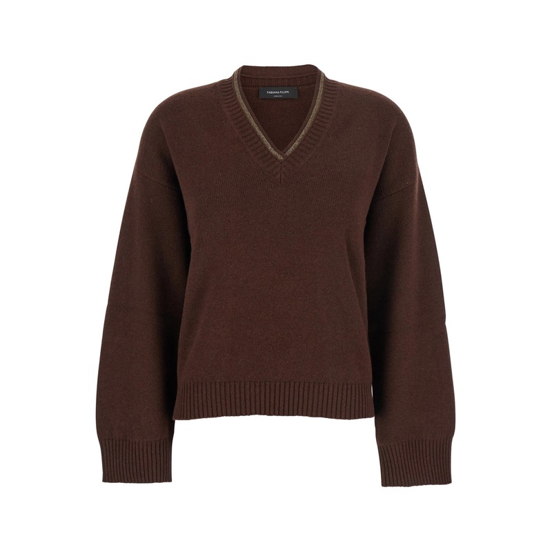 Brown V-Neck Sweater in Wool and Silk Blend Woman
