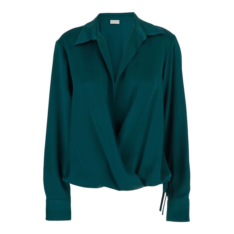 ‘Cedar’ Green Blouse with Spread Collar and Elastic Drawstring Waist in Viscose Blend Woman