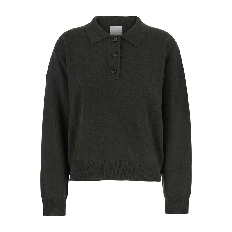 Green Polo Shirt with Classic Collar and Ribbed Trims in Wool Woman