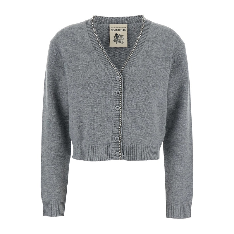 Grey Cardigan with V-Neck and Beaded Detail in Wool Woman