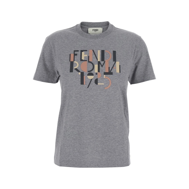 Grey Crewneck T-Shirt with Logo Detail on the Front in Cotton Woman