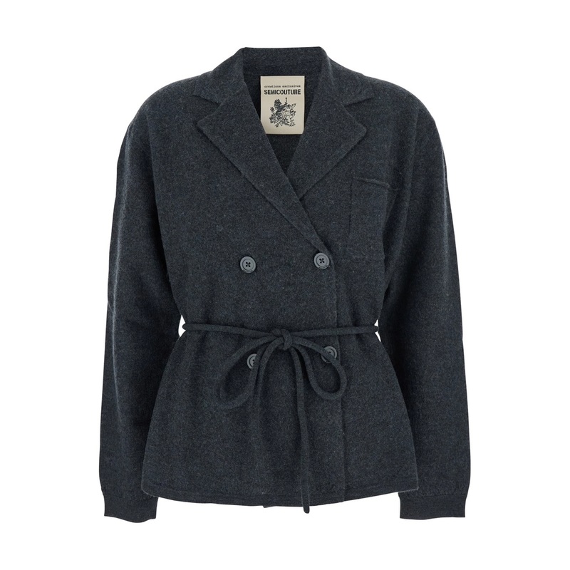 Grey Jacket with Classic Revers and Waistband in Wool Woman