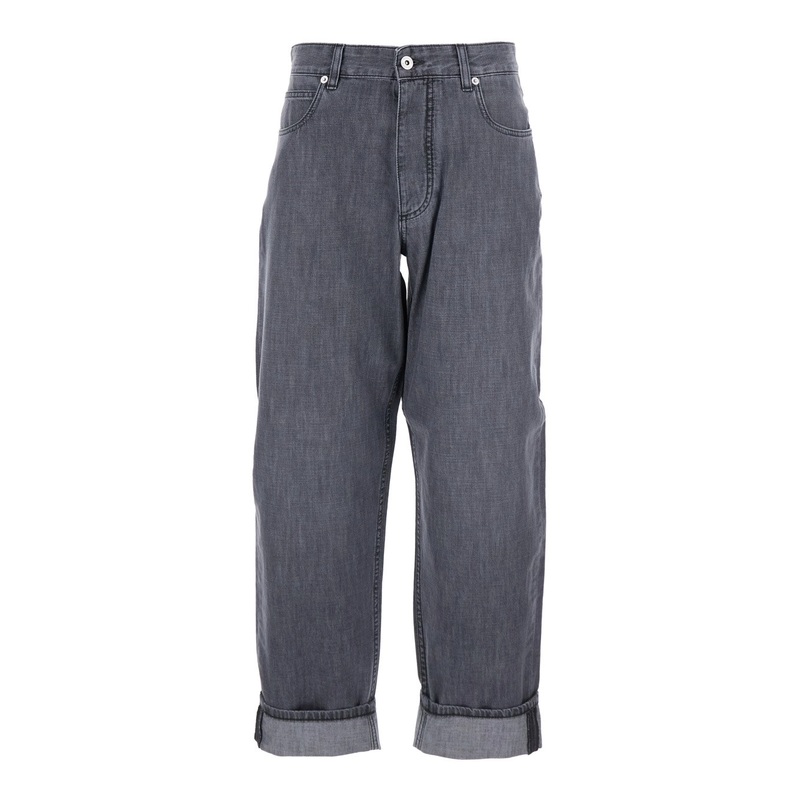 Grey Jeans with Logo Patch on the Rear and Turn-Up Cuffs in Denim Woman