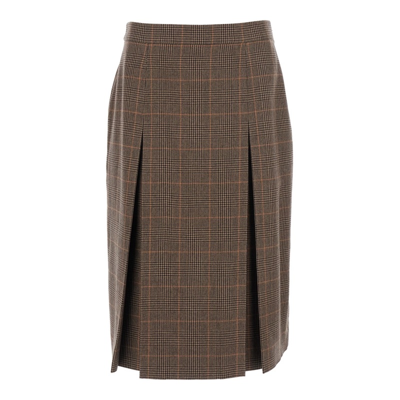 Grey Midi Skirt with Side Concealed Zip Closure and All-Over Check Motif in Wool and Cashmere Woman